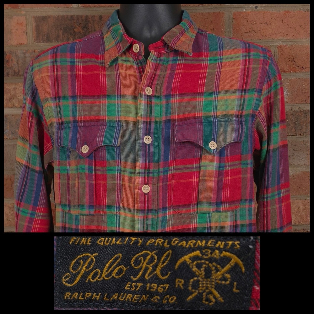 Polo Ralph Lauren Mens Flannel Shirt Red Green Blue Plaid Sz Medium Long Sleeve